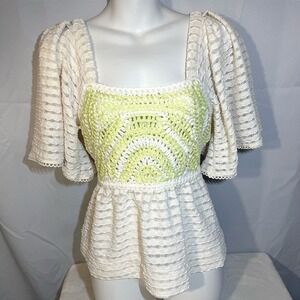 Sarah Hann Crochet Peplum Top XXS Cream &‎ Lime Boho Cottagecore
